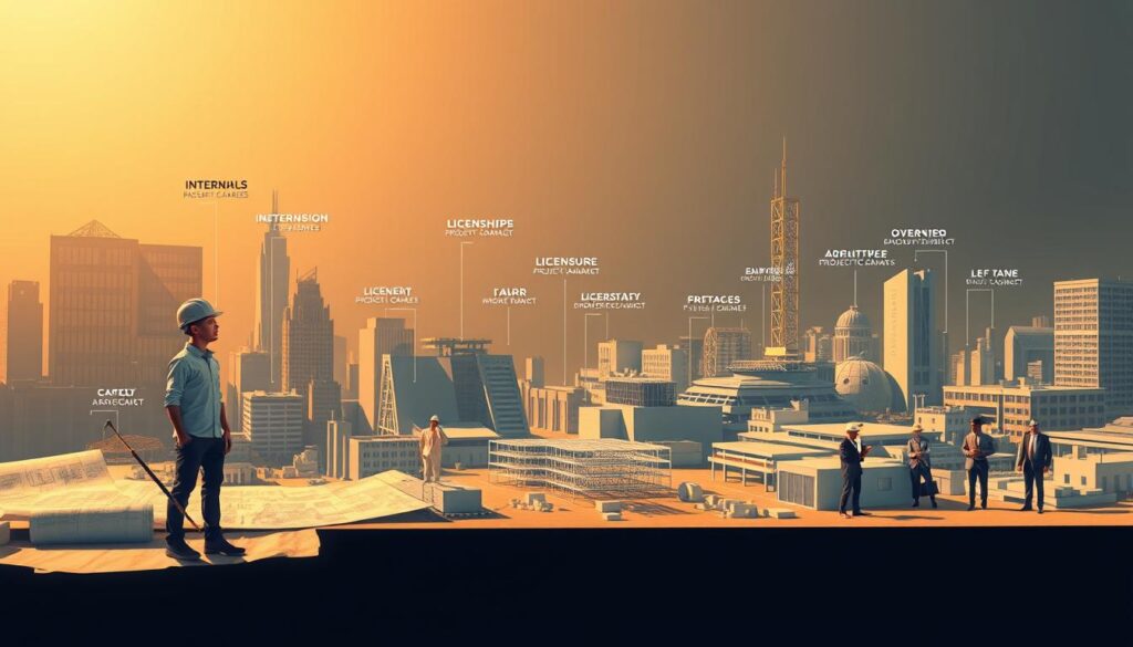A panoramic view of a career path for an architect, depicted in a realistic, highly detailed illustration. In the foreground, a young architect stands at the beginning of their journey, surrounded by architectural plans and models. The middle ground showcases various stages of professional development, such as internships, licensure, and project management. In the background, seasoned architects lead design teams and oversee complex construction projects. The scene is illuminated by warm, directional lighting, creating depth and emphasizing the architecture. The composition conveys the progression and milestones of an architect's career, from entry-level to leadership roles, with a sense of ambition, expertise, and accomplishment.