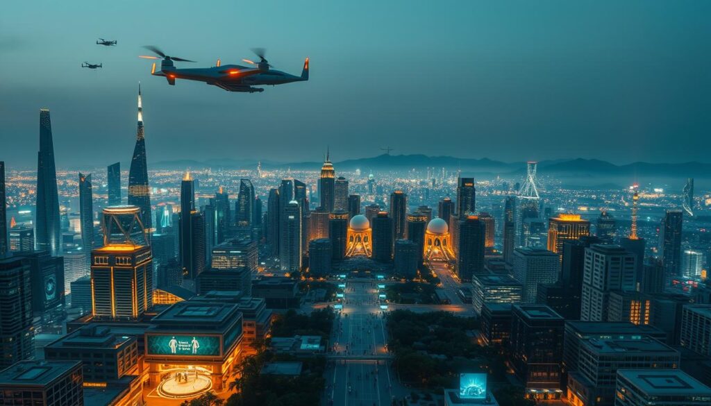 A panoramic view of a futuristic cityscape, illuminated by the warm glow of emerging technologies. In the foreground, sleek skyscrapers and towers, their facades adorned with cutting-edge architectural designs. Hovering above, a fleet of advanced aerial vehicles, their streamlined silhouettes reflecting the progress of transportation. In the middle ground, bustling walkways lined with holographic displays, showcasing the latest innovations in communication and information exchange. The background features a horizon of distant mountains, their peaks shrouded in a haze of clean, renewable energy sources, symbolizing the sustainable future. The entire scene exudes a sense of dynamism, progress, and the boundless potential of technological advancement.