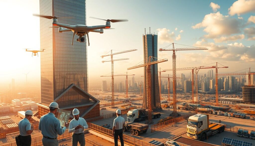 A panoramic view of a futuristic construction site, bathed in warm hues of golden sunlight filtering through sleek glass skyscrapers. In the foreground, a team of engineers collaborates around a holographic display, analyzing intricate building plans. Autonomous drones hover above, scanning the environment and relaying real-time data. In the middle ground, robotic cranes gracefully assemble modular components, while self-driving trucks transport materials with precision. The background features a sprawling cityscape, where cutting-edge sustainable technologies like solar panels and wind turbines are seamlessly integrated into the architecture. An atmosphere of innovation and progress pervades the scene, capturing the essence of the construction industry's technological evolution.
