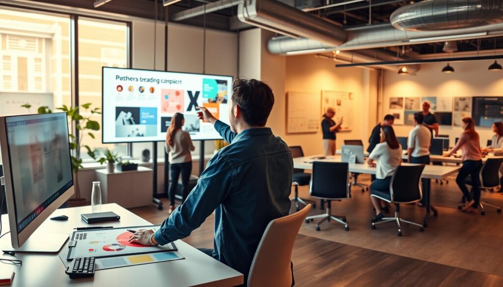 A panoramic view of a graphic designer's career path, showcasing various stages and opportunities. In the foreground, a young designer at their desk, immersed in a digital design project, with a desktop computer, drawing tablet, and vibrant color palette. In the middle ground, a senior designer leading a team presentation, gesturing towards a large, high-resolution monitor displaying their latest branding campaign. In the background, a bustling creative agency office, with designers collaborating at standing desks, brainstorming on whiteboards, and presenting their work to clients in a sleek, minimalist conference room. Warm, natural lighting filters through large windows, creating a dynamic, energetic atmosphere. The image conveys the multifaceted nature of a graphic designer's career, from the initial conceptual stages to the final delivery of impactful, visually stunning work.