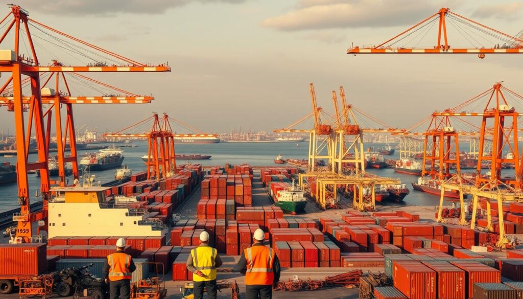 A panoramic view of a modern harbor operations center, with a wide array of cranes, cargo ships, and bustling activity. In the foreground, a group of workers in high-visibility vests coordinate the loading and unloading of containers, utilizing advanced digital systems and communication equipment. The middle ground features a diverse mix of shipping companies, freight forwarders, and logistics providers, each with their own specialized roles in the port's ecosystem. In the background, towering gantry cranes stand tall, their steel arms swinging gracefully as they transfer cargo between vessels and shore. The scene is bathed in warm, golden lighting, creating a sense of efficiency and productivity. The atmosphere conveys the hub of global trade and the vital role that port operations play in the modern economy.