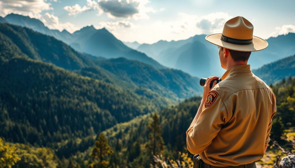 A panoramic vista of a lush, mountainous national park, with towering peaks and verdant forests in the background. In the foreground, a park ranger in khaki uniform stands vigilant, binoculars in hand, surveying the pristine landscape. Sunlight filters through the canopy, casting a warm, golden glow across the scene. The ranger's presence conveys a sense of stewardship and dedication to the park's natural resources and wildlife. The image evokes a harmonious balance between human management and the untamed beauty of the wilderness, reflecting the core responsibilities of a park ranger.