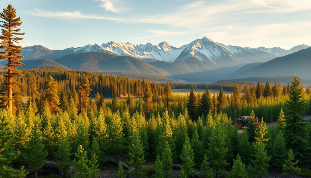 A panoramic vista of a thriving, sustainable forestry landscape. In the foreground, a crew of skilled loggers carefully harvesting mature trees with modern, eco-friendly equipment. The midground reveals lush, verdant regrowth, saplings reaching towards the sky. In the distance, towering peaks capped with snow, bathed in warm, golden light. A sense of harmony and balance pervades the scene, hinting at a future where technology, conservation, and responsible management coexist to safeguard the forest's bounty. Crisp, cinematic lighting illuminates the scene, with a wide-angle lens capturing the grandeur of this vision for the future of the lumber industry.