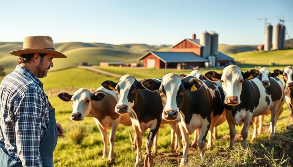 A pastoral scene depicting the essential skills of a dairy farmer. In the foreground, a farmer diligently milking a herd of content-looking Holstein cows, showcasing their hands-on expertise. In the middle ground, a well-maintained barn and storage silos, reflecting the farmer's proficiency in facility management. The background features rolling green hills and a clear blue sky, conveying the tranquil, bucolic setting in which the dairy operation thrives. Warm, natural lighting illuminates the scene, creating a sense of rustic charm. The composition highlights the diverse skillset required to successfully run a dairy farm, from animal husbandry to infrastructure upkeep, all within a peaceful, picturesque countryside.