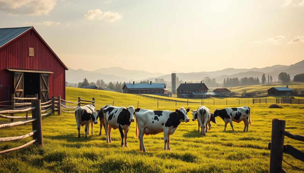 A pastoral scene depicting the regional variations of dairy farming. In the foreground, a small herd of Holstein cows grazing peacefully in a lush, rolling meadow, their udders swollen with milk. Weathered wooden fences and a traditional red barn frame the scene. The middle ground features a family-owned dairy farm, with a milking parlor, silos, and various outbuildings. In the background, the landscape shifts, reflecting the diverse topography and climates across the country - from the rugged, mountainous terrain of Hokkaido to the gentle, coastal hills of Kyushu. The lighting is soft and warm, conveying a sense of tranquility and hard-earned contentment. The overall mood is one of the proud tradition of Japanese dairy farming, with each region contributing its own unique character and challenges.
