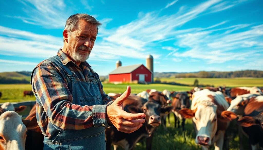 A pastoral scene of a hardworking dairy farmer tending to their herd. In the foreground, a weathered farmer in denim overalls and a flannel shirt hand-feeds the cows, their calloused hands gently caressing the animals. In the middle ground, a red barn and silos stand tall, surrounded by lush green pastures dotted with grazing cows. The background reveals rolling hills and a clear blue sky, with wispy clouds drifting overhead. The scene is bathed in warm, golden sunlight, casting a peaceful, idyllic atmosphere. The farmer's expression conveys a sense of quiet dedication and pride in their daily labor, a testament to the hard work and commitment required in the life of a dairy farmer.