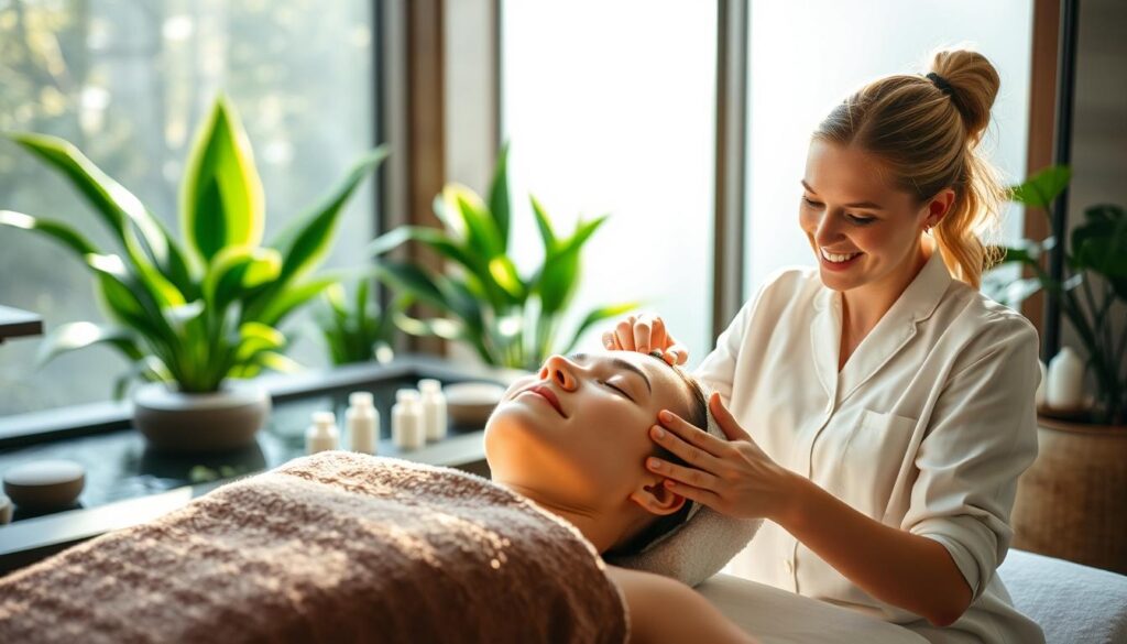 A peaceful and serene spa setting, with an esthetician guiding a client through a relaxing facial treatment. Soft natural lighting filters in through large windows, creating a warm and inviting atmosphere. The esthetician's face radiates a sense of joy and fulfillment as they carefully apply skincare products, tailoring the experience to the client's individual needs. In the background, lush green plants and calming water features evoke a tranquil, rejuvenating ambiance. The client's expression is one of deep relaxation, reflecting the esthetician's dedication to their well-being. An intimate and rewarding moment, capturing the essence of an esthetician's passion for their craft.