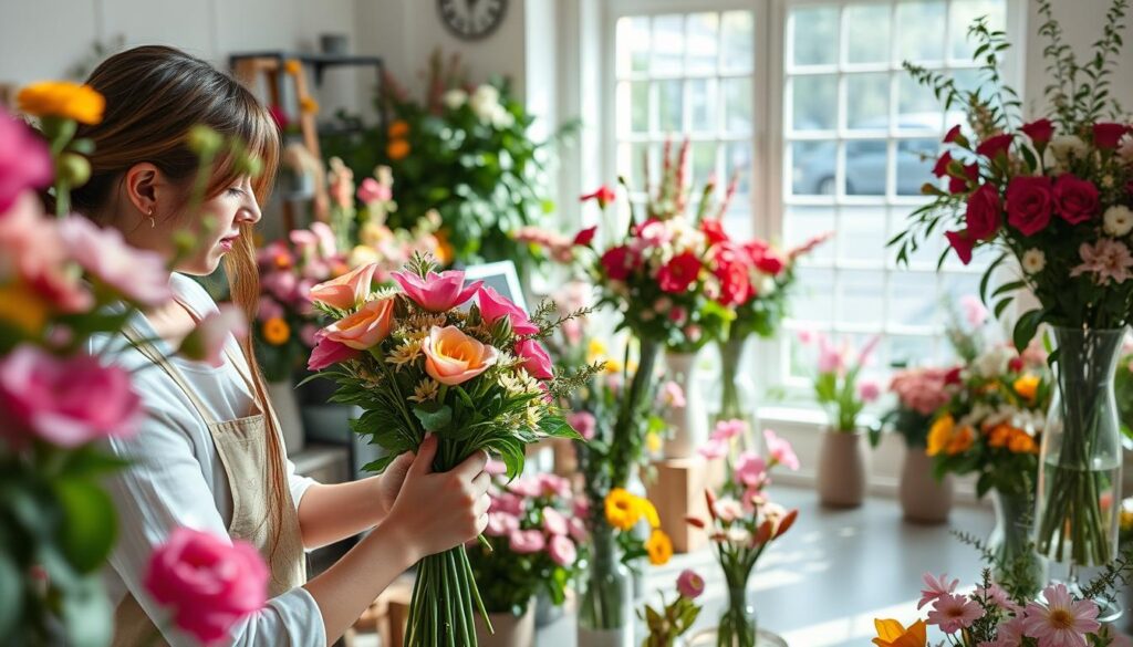 A peaceful floral studio filled with lush, vibrant blooms in soft natural light. In the foreground, a skilled florist carefully arranges a bouquet, their hands deftly manipulating the stems and petals. The middle ground showcases an array of potted plants and vases brimming with fresh-cut flowers, hinting at the creative process. In the background, a large window offers a glimpse of the outside world, suggesting the connection between nature and floral design. The overall atmosphere is one of serenity, artistry, and the pursuit of a passion for flowers.