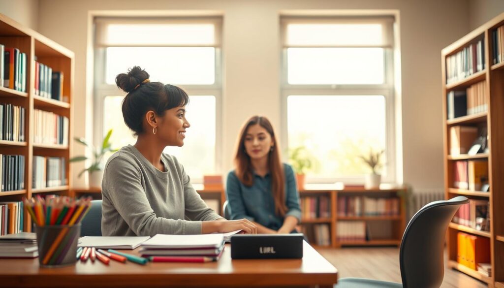 A peaceful school counselor's office, bathed in warm, natural lighting through large windows. On the desk, an array of colored pencils, notepads, and a potted plant, conveying a calming, professional atmosphere. In the foreground, a student sits across from the counselor, engaged in a one-on-one conversation, their faces expressing empathy and attentiveness. Bookshelves line the walls, hinting at the breadth of knowledge and resources available. The scene exudes a sense of trust, guidance, and the school counselor's essential role in supporting student well-being.