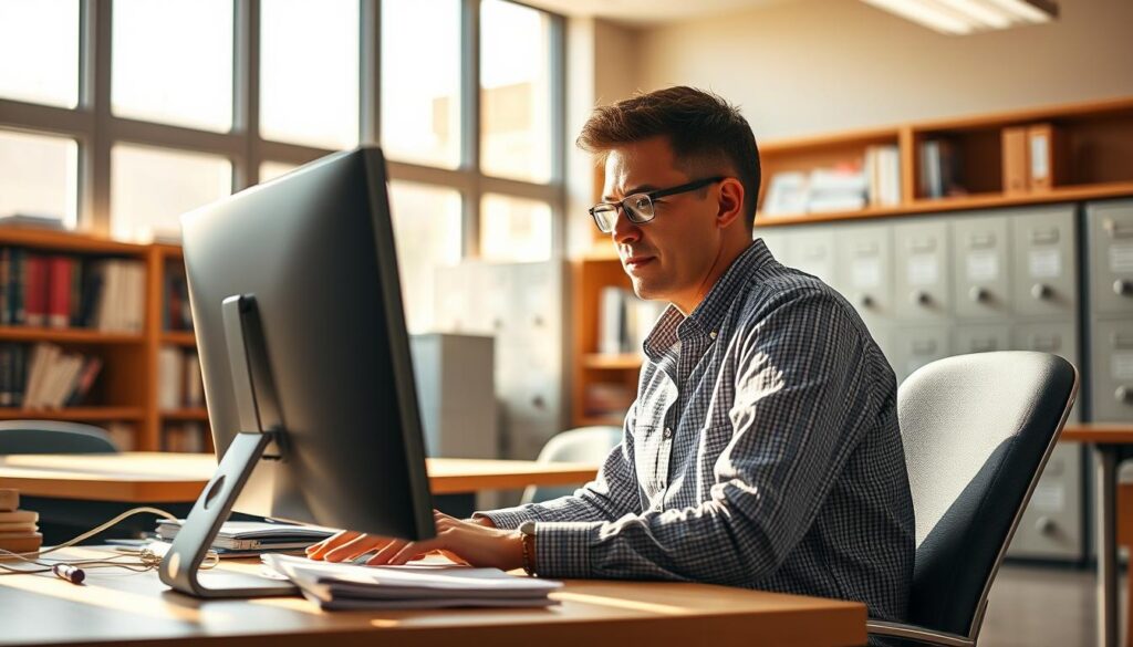 A peaceful, well-organized school office with a dedicated staff member sitting at a desk, intently focused on a computer screen. The room is bathed in warm, natural lighting from large windows, creating a serene atmosphere. In the background, bookshelves and filing cabinets line the walls, suggesting an orderly and efficient workspace. The staff member's expression conveys a sense of diligence and problem-solving, as they navigate the complexities of school administration. The overall scene reflects the professionalism and dedication required to address the common questions and concerns of the school community.