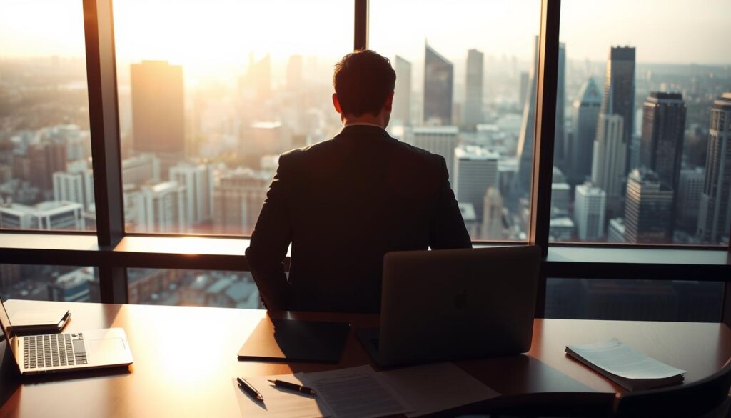 A pensive businessperson standing in a dimly lit office, gazing out a large window overlooking a bustling city skyline. The scene is bathed in a warm, golden hour light, creating a contemplative atmosphere. In the foreground, a meticulously organized desk with a laptop, papers, and a pen, suggesting the individual is in the midst of carefully considering their career options. The middle ground features a sense of uncertainty, with the person's face obscured, hinting at the internal deliberation taking place. The background showcases the vibrant, ever-changing city, representing the potential for new opportunities beyond the current role. The overall composition conveys the thoughtful, introspective nature of the decision to explore a career change.