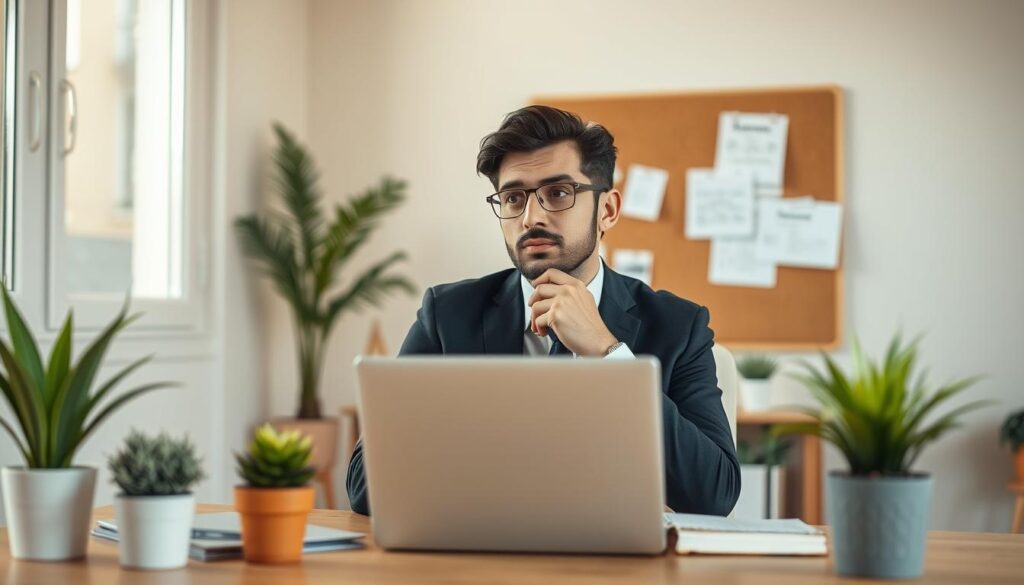 A pensive individual, dressed in business attire, contemplates their career options against a backdrop of a home office. Warm, diffused lighting emanates from a window, casting soft shadows across the scene. In the foreground, a laptop and notepad suggest the person's active job search, while potted plants and minimalist decor create a thoughtful, reflective atmosphere. The middle ground features a cork board displaying printed resumes and handwritten notes, hinting at the careful planning and self-assessment required during a career transition. The background blurs into a neutral, calming palette, allowing the viewer's focus to remain on the central figure and their introspective job search process.