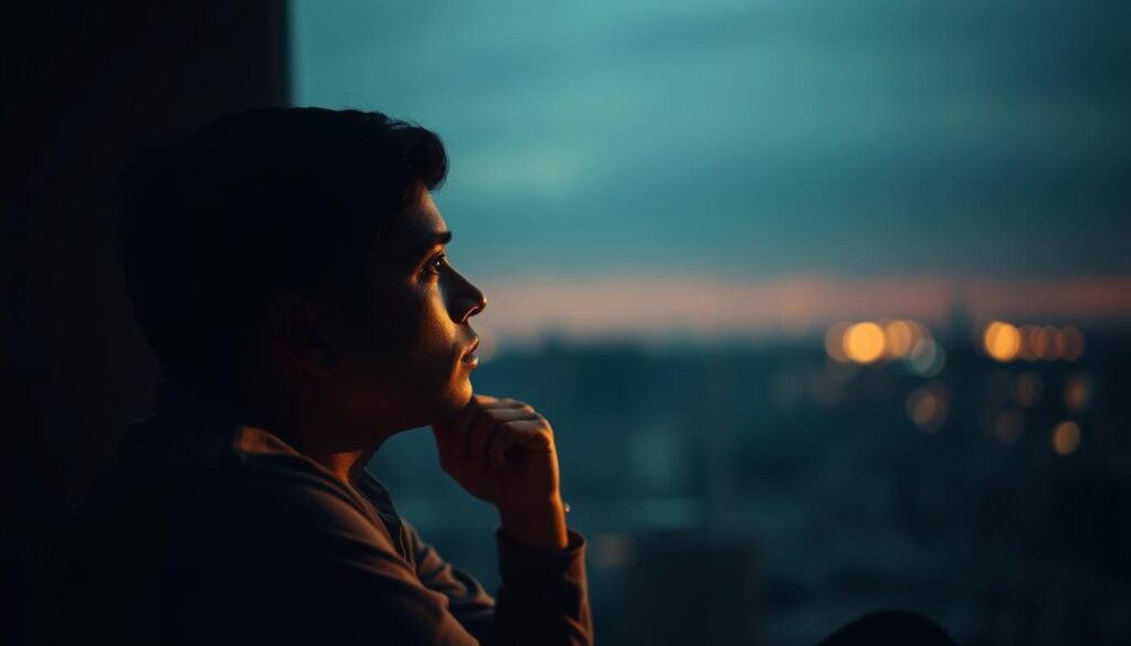 A pensive individual sits in a dimly lit, contemplative setting, their gaze fixed on the distant horizon. Soft, diffused lighting casts a warm, introspective atmosphere, inviting the viewer to reflect alongside them. The background is blurred, drawing the focus to the central figure's thoughtful expression, as they consider the reasons behind their reluctance to work. The composition encourages a sense of introspection and self-discovery, guiding the viewer to explore their own perspectives on the challenges of finding fulfillment in their professional life.