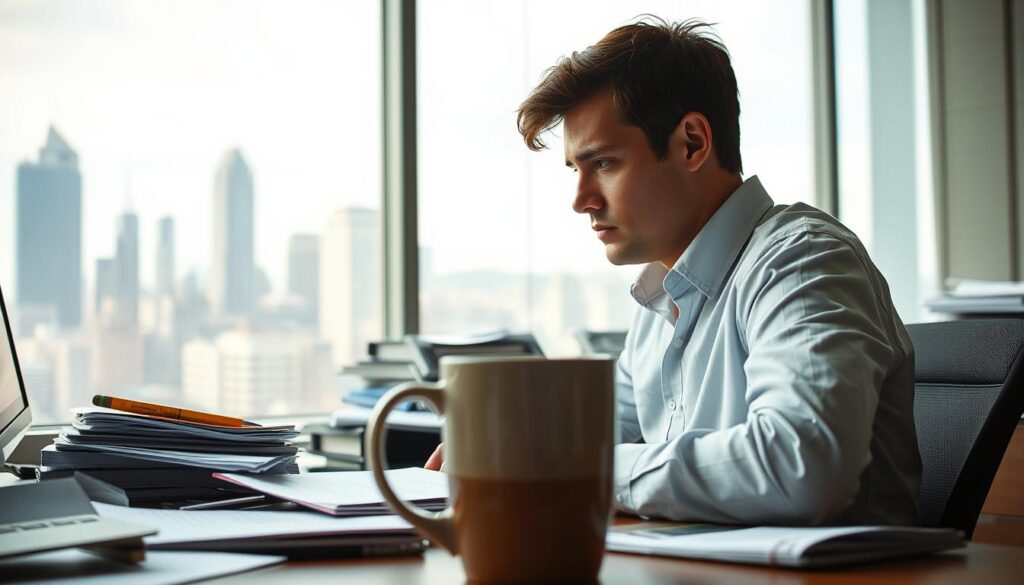 A pensive office worker sits at a cluttered desk, gazing out a large window overlooking a bustling city skyline. Soft, diffused lighting filters through the glass, casting a contemplative mood. The worker's brow is furrowed, lost in thought as they consider their next steps. Their workspace is filled with half-finished tasks, a visual representation of their conflicted feelings towards their job. In the foreground, a mug of lukewarm coffee sits untouched, symbolizing the worker's waning motivation. The composition guides the viewer's eye towards the worker, inviting them to empathize with the internal struggle of wanting to disengage from work yet feeling uncertain about the path forward.