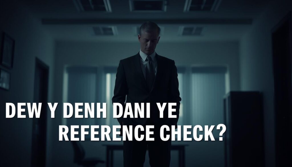 A person in a business suit standing in a dimly lit office, appearing concerned or pensive. The background is blurred, with a sense of uncertainty and privacy. Soft, dramatic lighting casts shadows, emphasizing the subject's dilemma. The figure is positioned in a way that suggests they are considering or contemplating a difficult decision, such as whether to deny a reference check. The mood is one of tension and apprehension, reflecting the sensitive nature of the topic.