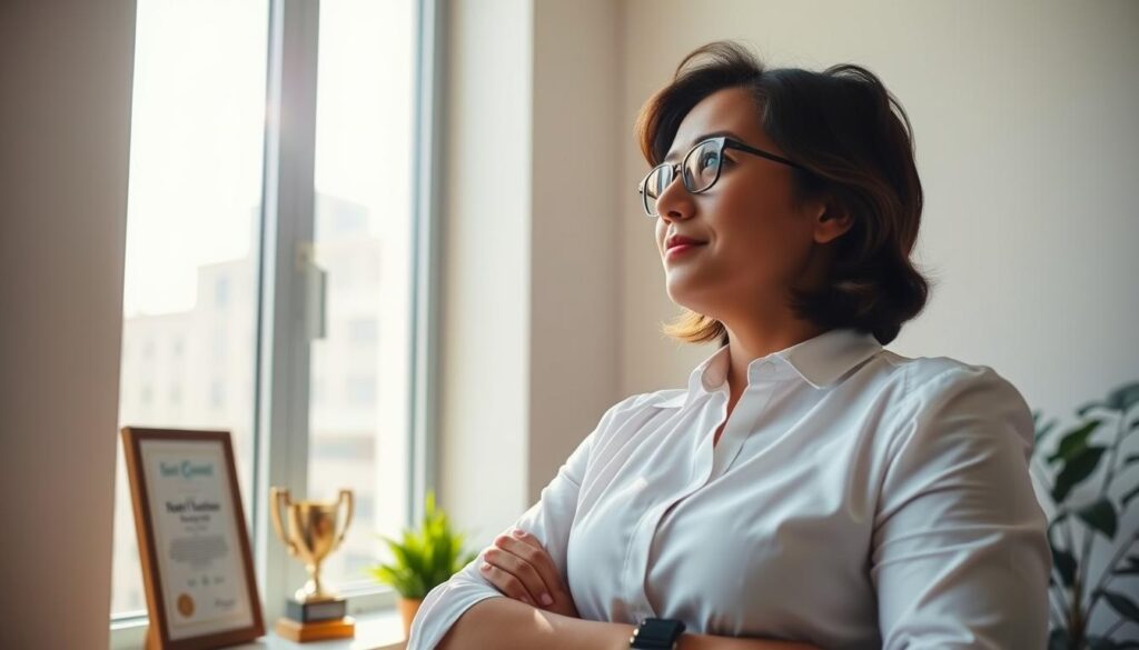 A person in their 30s, dressed professionally, stands confidently in a well-lit office setting, gazing resolutely out a large window. They are surrounded by small symbols of their newfound career accomplishments - a framed certificate, a trophy, a potted plant. The atmosphere conveys a sense of determination, renewed self-assurance, and a fresh start. Soft natural lighting from the window casts a warm glow, creating a hopeful and empowering mood. The camera angle is slightly elevated, looking down on the scene, to emphasize the person's growing confidence and sense of progress.