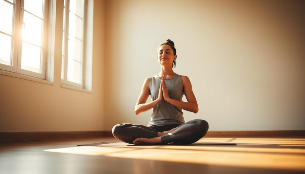 A person meditating in a serene, sunlit room, practicing yoga or mindfulness exercises. Soft, warm lighting filters through large windows, casting a gentle glow over the scene. The background is minimalist, with clean lines and muted colors to focus attention on the figure. The individual is seated cross-legged, eyes closed, hands resting peacefully in their lap, radiating a sense of calm and wellbeing. The composition is balanced, with the subject placed centrally, conveying a sense of inner peace and rejuvenation during a transitional period.