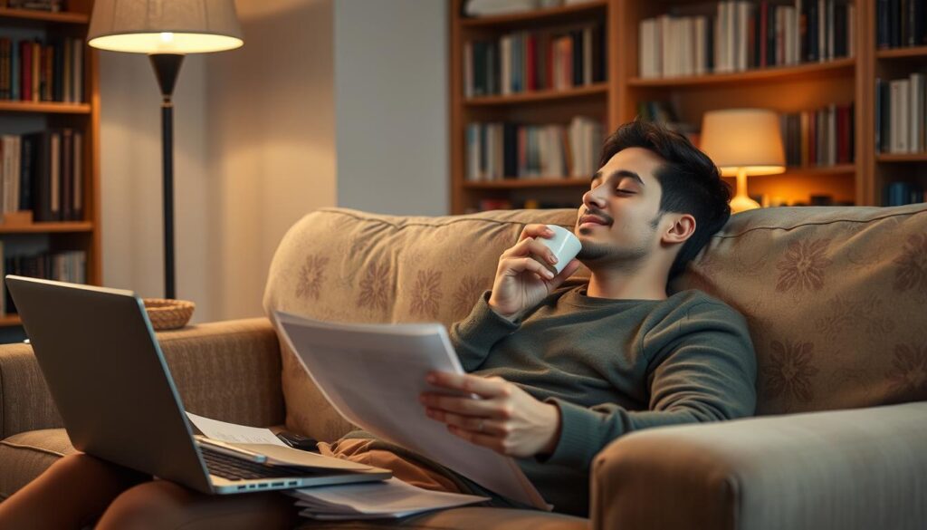 A person relaxing on a comfortable couch, taking a break from their laptop and paperwork. Warm, muted lighting from a nearby lamp casts a calming glow. The individual is sipping a hot beverage, perhaps tea or coffee, and has their eyes closed, savoring the moment of tranquility. Soft, soothing music plays in the background, helping them unwind and recharge. Bookshelves line the walls, hinting at an intellectual, introspective environment. The overall atmosphere conveys a sense of respite and rejuvenation, allowing the person to momentarily step away from the stresses of their job search and regain their focus.
