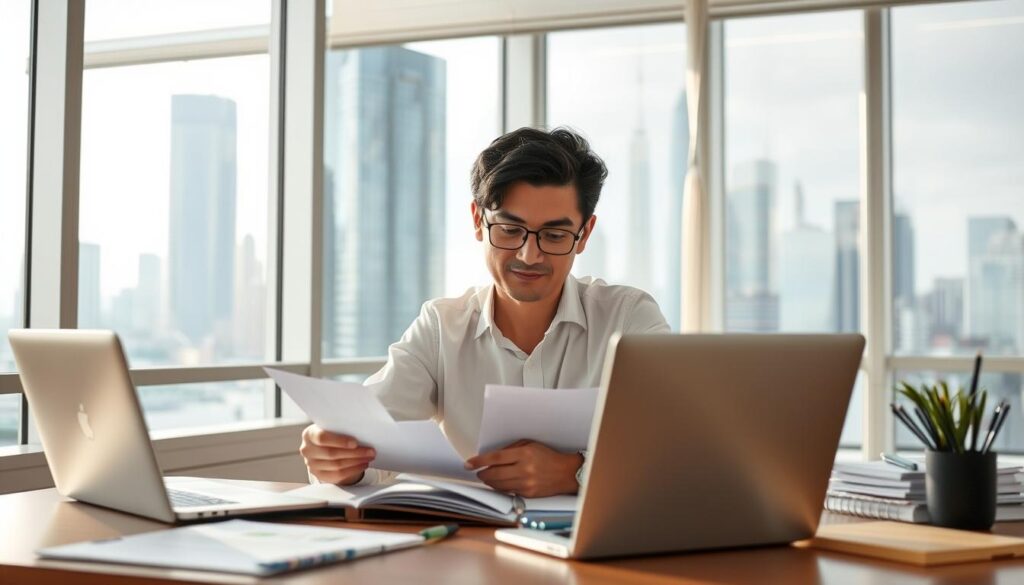 A person sitting at a desk, reviewing documents and making notes, with a laptop and office supplies in the foreground. The background is a well-lit, modern office environment, with floor-to-ceiling windows offering a view of a bustling city skyline. The lighting is soft and natural, creating a contemplative mood. The person's expression is one of focus and determination, reflecting the seriousness of the post-job search follow-up process. The overall scene conveys a sense of diligence and professionalism, capturing the essence of the "転職活動後のフォローアップ" stage.