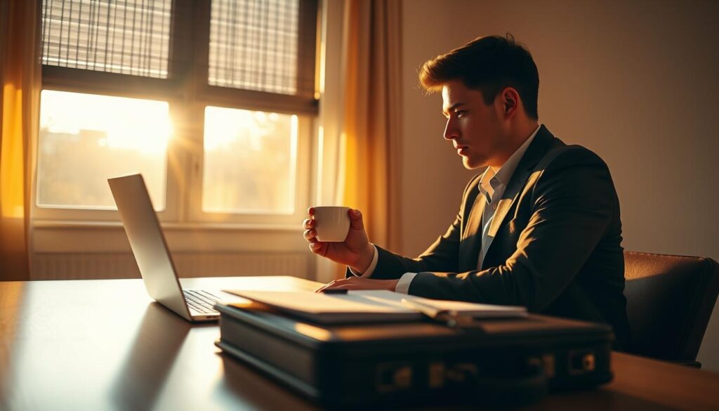 A person sitting at a table, a cup of coffee in hand, gazing intently at a laptop screen. The room is bathed in warm, golden morning light filtering through a window, creating a serene and focused atmosphere. The individual is dressed in business attire, signifying the start of a new chapter. On the table, a neatly organized stack of documents and a professional briefcase suggest the anticipation and preparation for the day ahead. The angle is slightly elevated, capturing the scene from an empathetic, almost bird's-eye view, conveying a sense of thoughtfulness and introspection. The overall mood is one of quiet contemplation, readiness, and the anticipation of a new beginning.