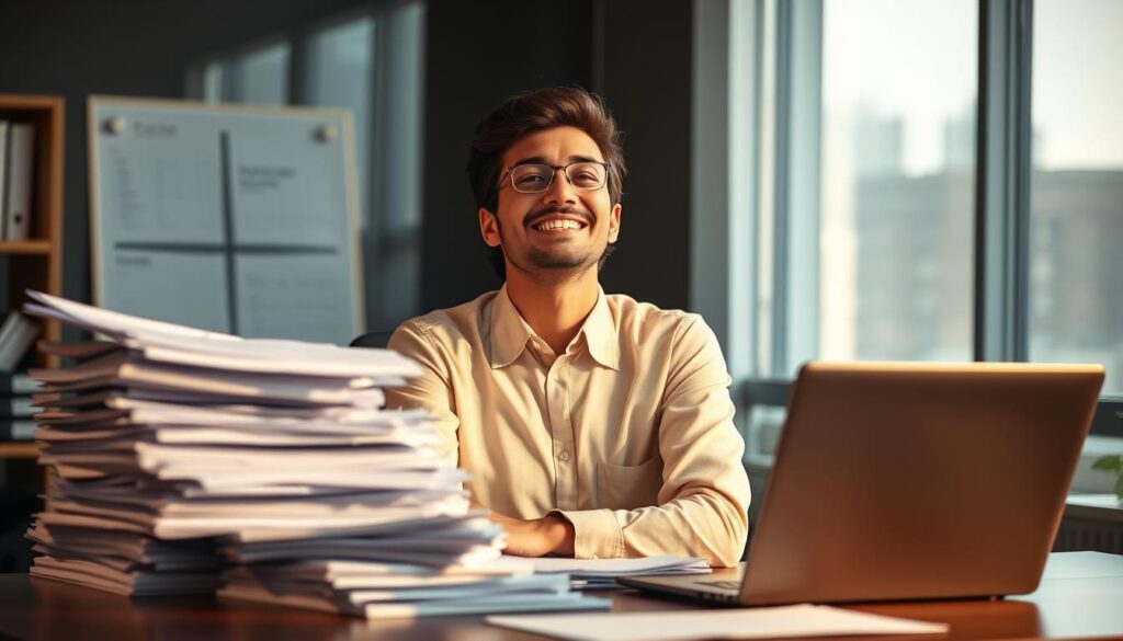 A person sitting confidently at a desk, surrounded by stacks of paperwork and a laptop, with a sense of accomplishment and relief on their face. The lighting is warm and focused, casting a glow on the subject, conveying a mood of triumph and closure. The background is slightly blurred, suggesting a professional office setting. The composition emphasizes the individual's centrality in their successful job transition, with a sense of order and control in the scene.