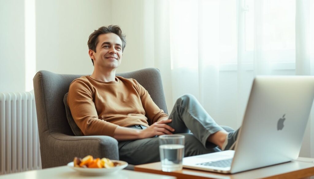 A person sitting on a comfortable chair, taking a break from their computer, with a healthy snack and a glass of water nearby. The room is well-lit, with soft, natural lighting coming in through a window, creating a serene and calming atmosphere. The person appears relaxed, with a focused expression, suggesting they are mindfully tending to their well-being during a busy period of job searching. The image conveys the importance of maintaining physical and mental health while navigating the challenges of a career transition.