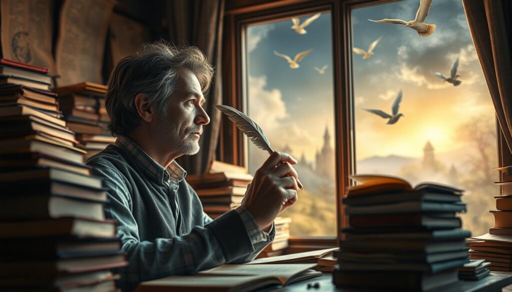 A person with a vivid imagination, sitting at a desk surrounded by stacks of books, a quill pen in hand, gazing out a window to a fantastical landscape. Soft, warm lighting illuminates their face, revealing a contemplative, inspired expression. The room is cozy, filled with the scent of old paper and ink, hinting at the creative process. The background features whimsical elements like floating books, magical creatures, or swirling mists, evoking the enchanting worlds the writer envisions. A sense of wonder and limitless possibility permeates the scene, capturing the essence of a talented fantasy author.