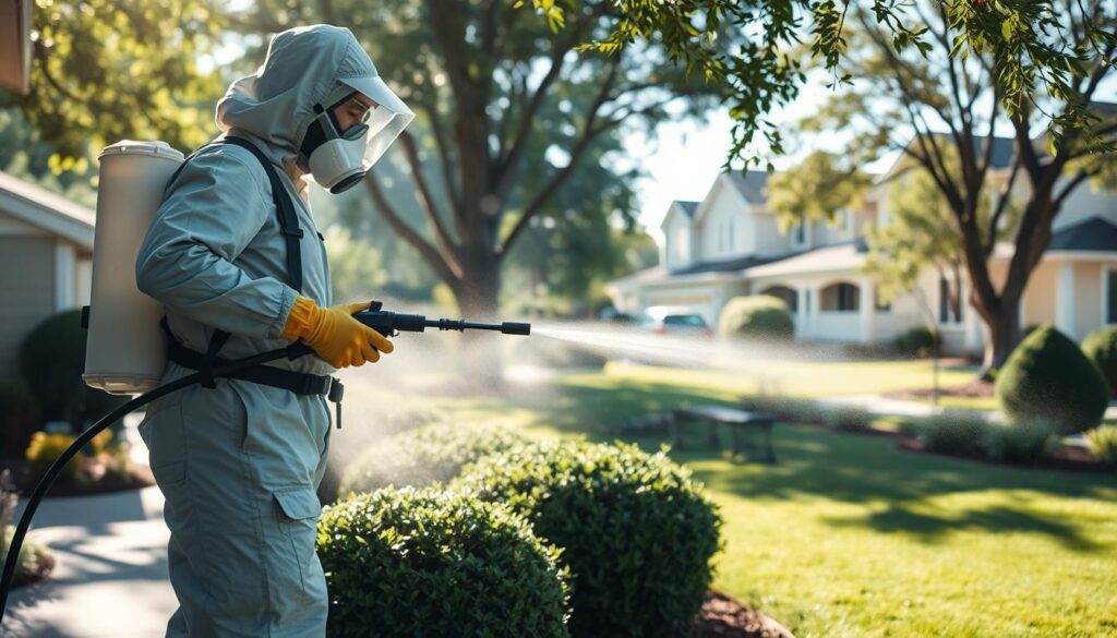 A pest control operator diligently applying insecticide spray to effectively eliminate pests, set against a backdrop of a well-maintained residential area. The operator wears a protective suit and respirator, handling the specialized equipment with precision. Sunlight filters through trees, casting soft shadows on the scene. The atmosphere conveys a sense of professionalism and care in ensuring a safe, pest-free environment for the homeowners. The middle ground features neatly trimmed shrubs and a well-manicured lawn, while the distant background showcases typical suburban architecture. This image captures the essence of a pest control operator's duties in maintaining a healthy, pest-free living space.