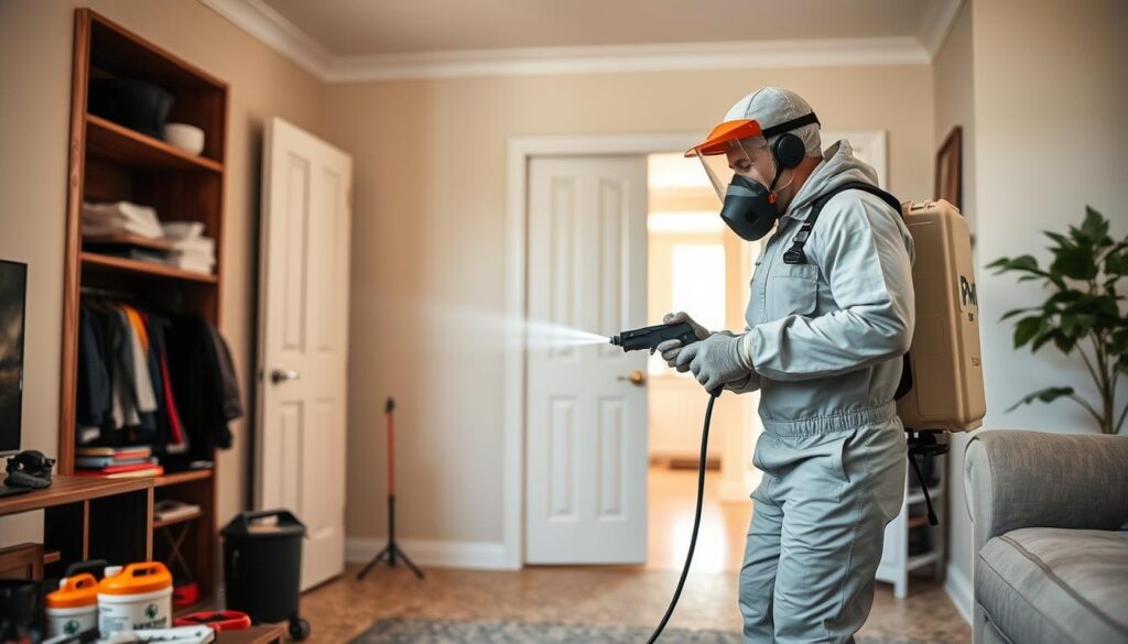 A pest control operator performing an effective pest extermination procedure in a residential setting. In the foreground, the operator is attentively applying a targeted insecticide spray to a corner of the room, wearing appropriate protective gear. The middle ground shows the operator's tools and equipment neatly organized, conveying a sense of professionalism. The background depicts the rest of the room in a softly lit, clean, and well-maintained environment, suggesting the operator's meticulous attention to detail. The overall mood is one of efficiency, safety, and a commitment to effective pest management.