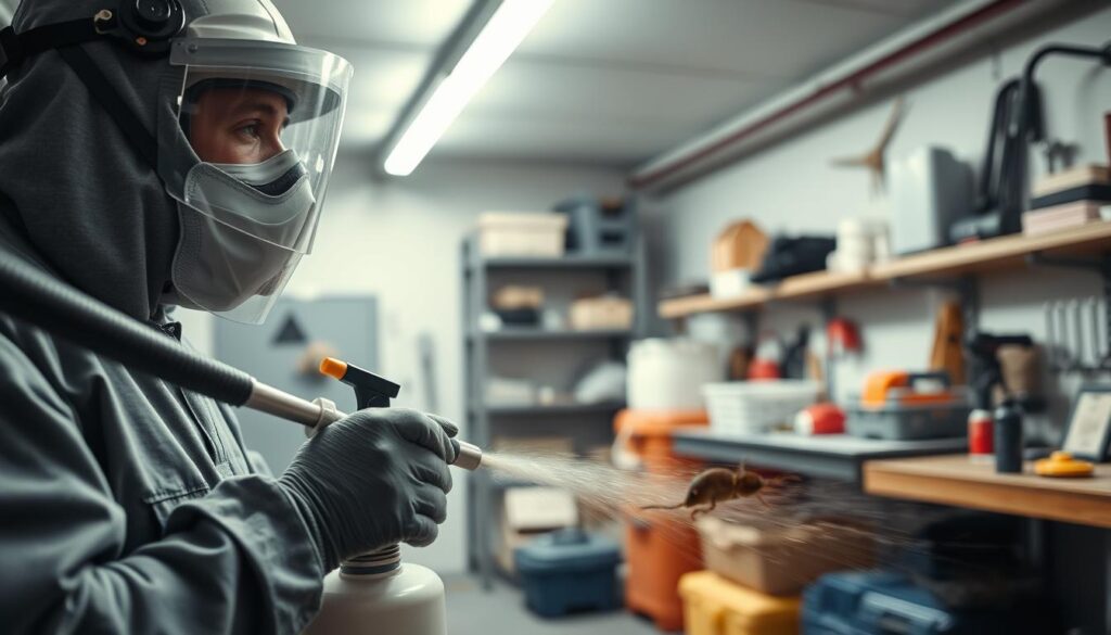 A pest control operator using specialized equipment to exterminate pests, with a focused, professional expression. The foreground shows the operator in protective gear, wielding a sprayer or other tool, in a well-lit indoor setting. The middle ground features the targeted pests, such as rodents or insects, while the background depicts the organized workspace of a pest control facility, with storage shelves, tools, and other relevant equipment. The lighting is bright and even, creating a sense of competence and efficiency. The overall mood conveys the operator's expertise and the importance of their role in maintaining a safe, pest-free environment.