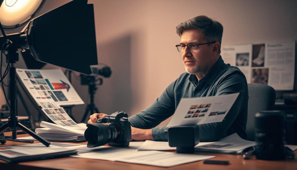 A photography director sits at a desk, surrounded by a professional camera, lens, lighting equipment, and various reference materials. The scene conveys a sense of focused creativity, with the director deeply engaged in the planning and execution of an upcoming photoshoot. The lighting is soft and diffused, creating a warm, contemplative atmosphere. The director's expression reflects a thoughtful, analytical mindset as they review layouts, mood boards, and client specifications. The overall composition emphasizes the director's role in shaping the visual narrative, blending technical expertise and artistic vision to bring a creative vision to life.