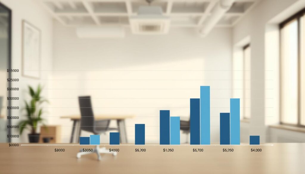 A photorealistic depiction of a comparative analysis of the annual incomes of video game scenario writers, showcased in a minimalist data visualization style. The foreground displays a clean, uncluttered layout with simple geometric shapes and bars representing the income ranges. The middle ground features a muted, soft-focus background of a modern office setting, hinting at the professional environment in which these writers operate. The lighting is natural and diffused, creating a calm, contemplative atmosphere. The overall composition is balanced, guiding the viewer's attention to the core data being presented in an elegant, information-rich manner.