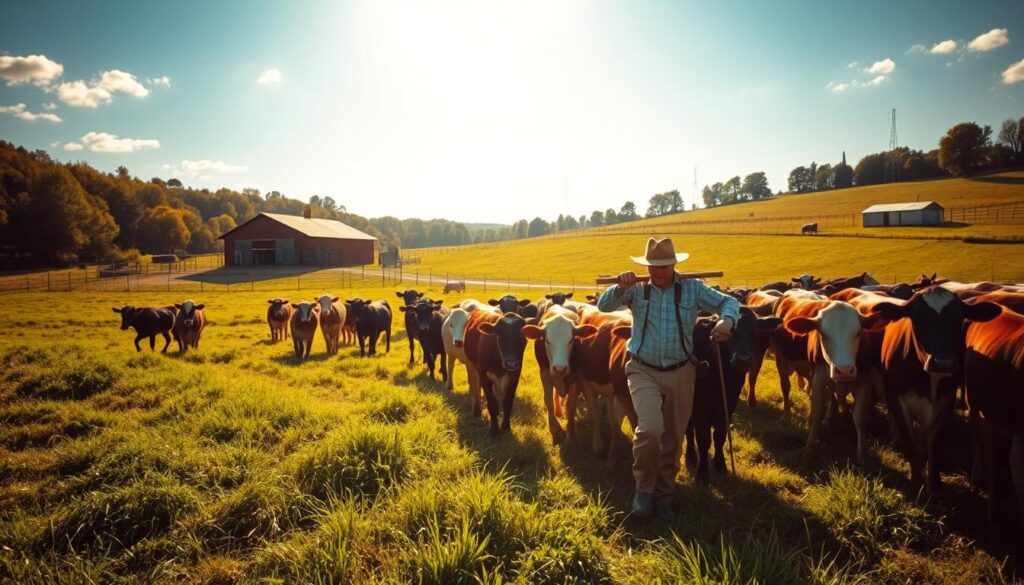 A picturesque dairy farm nestled in a verdant countryside, where a hardworking dairy farmer tends to their herd with unwavering dedication. The scene captures the farmer herding cows through lush pastures, underscoring their vital role in producing high-quality milk that nourishes local communities. Sunlight filters through the scene, casting a warm, golden glow and highlighting the farmer's diligent efforts. In the background, a well-maintained barn and other agricultural structures suggest the farmer's commitment to sustainable practices. The overall composition conveys the dairy farmer's deep connection to the land and their indispensable contribution to the region's food supply and economic well-being.