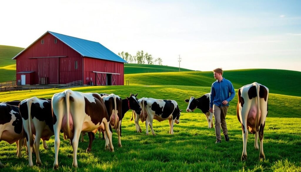 A picturesque dairy farm nestled in rolling green hills, bathed in the warm glow of the afternoon sun. In the foreground, a herd of contented Holstein cows graze peacefully, their udders full and shiny. A weathered red barn stands proudly in the middle ground, its wooden beams and tin roof gleaming. In the distance, a young farmer strides through the lush pasture, checking on the health of his beloved herd. The scene exudes a sense of tranquility and prosperity, hinting at the rewarding future that awaits dedicated dairy farmers who embrace the latest technologies and sustainable practices.