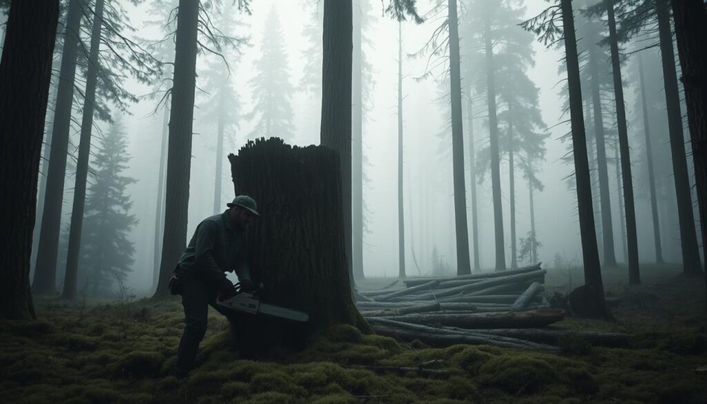 A picturesque forest landscape shrouded in a somber haze, with tall, weathered trees casting long shadows across the mossy undergrowth. In the foreground, a lone logger grapples with a heavy chainsaw, the strain evident on their face as they work to fell a towering, ancient tree. In the middle ground, a collection of felled logs lie scattered, a testament to the industry's impact on the natural environment. The background is obscured by a dense mist, hinting at the challenges and uncertainties facing the forestry sector. Soft, diffused lighting casts a melancholic atmosphere, capturing the delicate balance between man and nature. A cinematic, 35mm lens perspective enhances the sense of depth and emotion.