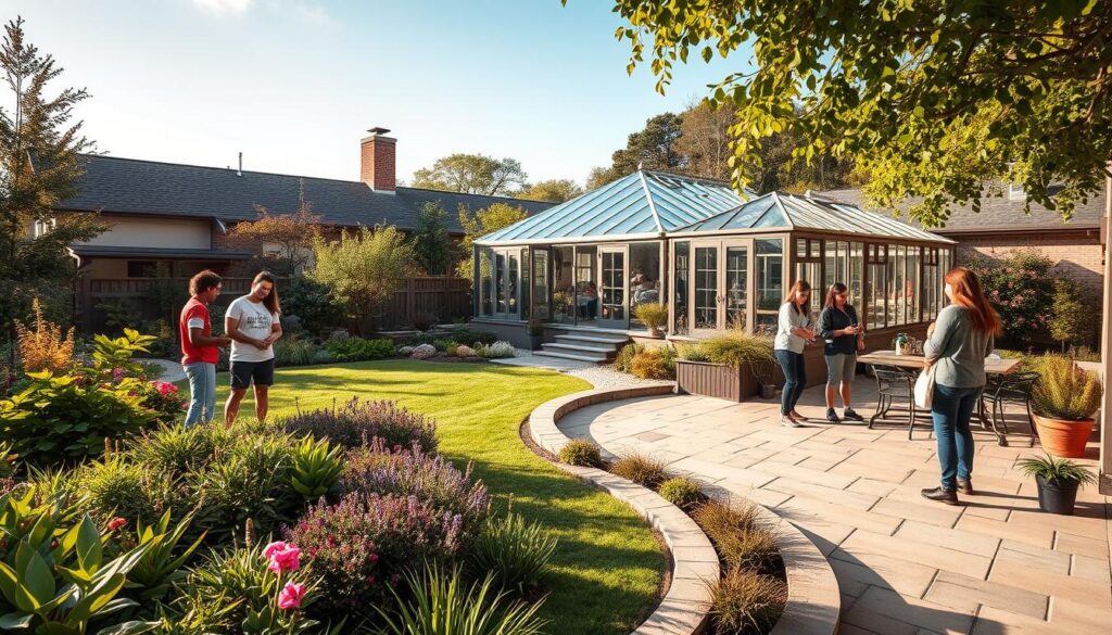 A picturesque outdoor scene showcasing various educational methods for landscape design. In the foreground, students gather around a lush garden, studying plant varieties and design principles under the guidance of an experienced instructor. Midground, a well-manicured patio displays different hardscaping techniques, with students actively experimenting. In the background, a state-of-the-art greenhouse hosts interactive workshops on sustainable horticulture. Warm natural lighting bathes the entire composition, creating a serene, inviting atmosphere conducive to hands-on learning. The scene conveys a harmonious blend of practical instruction and immersive, real-world application of exterior design concepts.