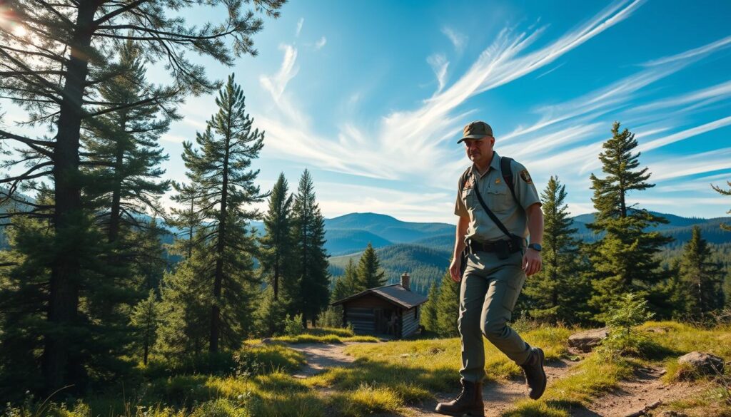 A picturesque scene of a ranger's daily life in a serene forest landscape. In the foreground, a rugged park ranger patrols a winding trail, their sturdy boots crunching on the forest floor. Overhead, dappled sunlight filters through the lush canopy of towering evergreens. In the middle ground, a small wooden cabin nestles against a backdrop of rolling hills, its weathered exterior blending seamlessly with the natural surroundings. Wispy clouds drift across a bright, azure sky, casting gentle shadows on the scene. The air is crisp and fresh, imbued with the earthy scents of pine and moss. The ranger's expression is one of focused determination, their gaze scanning the environment for any signs of distress or wildlife in need of assistance. This image captures the essence of a ranger's daily duties - maintaining the delicate balance of nature and ensuring the wellbeing of the protected wilderness.