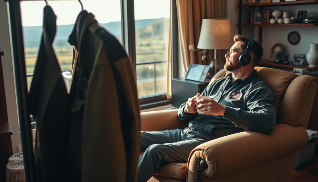 A pilot relaxing at home, taking a break from the demands of their profession. In the foreground, a well-worn flight suit hangs neatly on a coat rack, a subtle nod to their career. In the middle ground, the pilot sits comfortably in a plush armchair, a steaming mug of coffee in hand as they gaze out a large window overlooking a serene, picturesque landscape. The lighting is soft and warm, creating a cozy, contemplative atmosphere. The background features personal mementos and family photographs, hinting at the pilot's balanced lifestyle and commitments outside of aviation. The overall scene conveys a sense of harmony, reflecting the pilot's ability to maintain a healthy work-life balance.