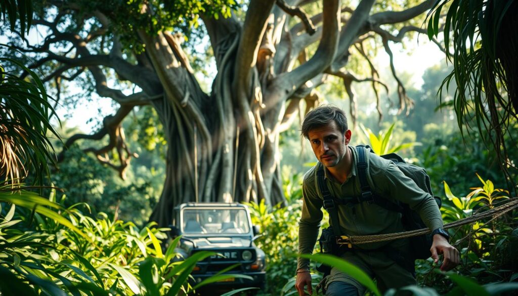 A plant hunter cautiously navigating a lush, overgrown jungle, wearing a sturdy safety harness and protective gear. Sunlight filters through the canopy, casting dramatic shadows on the undergrowth. In the middle ground, a rugged all-terrain vehicle stands ready for swift response to emergencies. The background depicts a towering, ancient tree with twisted roots, evoking a sense of remote, untamed wilderness. The plant hunter's expression is focused, alert to potential hazards, as they carefully survey the surroundings for rare botanical specimens.