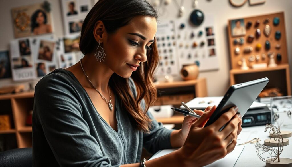 A portrait of a jewelry designer at work, meticulously sketching designs on a tablet in a well-lit studio. Surrounded by inspirational mood boards, gemstone samples, and delicate wire sculptures, the designer's face is illuminated by the soft, indirect lighting, conveying a sense of focus and creative energy. The composition emphasizes the designer's hands, nimble and precise, as they bring their artistic vision to life. The overall atmosphere is one of thoughtful concentration and a passion for the craft of jewelry making.