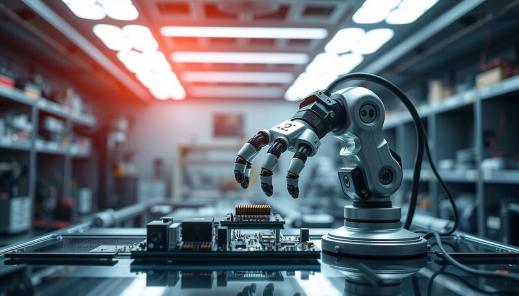 A precision robotic arm meticulously manipulates delicate electronic components against a backdrop of a high-tech laboratory. Bright LED lighting casts a clinical glow, as the manipulator's mechanical fingers deftly assemble the intricate circuitry with unparalleled accuracy and finesse. The scene conveys a sense of focus, expertise, and the critical importance of the manipulator's specialized skillset in the world of advanced manufacturing and technology.