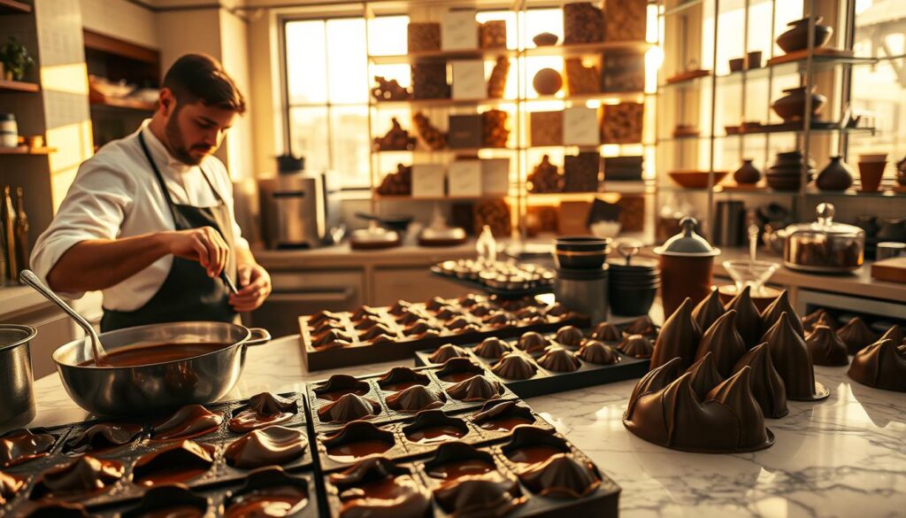A pristine chocolaterie workshop bathed in warm, golden light. In the foreground, a skilled chocolatier meticulously tempers rich, velvety chocolate, carefully monitoring the temperature and viscosity. Intricate molds filled with the glossy, liquid confection sit nearby, ready to be carefully filled and cooled. In the middle ground, an array of chocolate-making tools and equipment - polished stainless steel, gleaming marble, and shiny copper - create a visually captivating scene. In the background, tall shelves showcase neatly organized ingredients, from cacao beans to vanilla pods, hinting at the craft and precision involved in the chocolatier's art. The overall atmosphere exudes a sense of passion, dedication, and the creation of something truly indulgent.