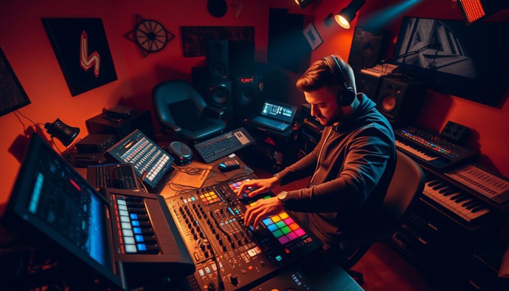 A professional DJ mixing and producing electronic dance music in a well-equipped home studio. The room is illuminated by warm, focused lighting that casts dramatic shadows across the various synthesizers, mixers, and other production equipment. The DJ is intently focused, fingers dancing across the controls as they layer tracks and shape the soundscape. The atmosphere is one of creative intensity, with a pulsing, rhythmic energy that reflects the dynamic nature of the music-making process. The camera angle is slightly elevated, providing an immersive, bird's-eye view of the DJ's workspace and creative flow.
