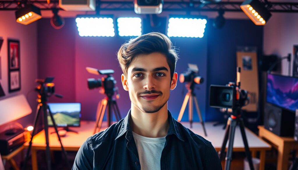 A professional YouTuber stands confidently in the center of the frame, their eyes filled with determination and their expression reflecting the thrill of their craft. Behind them, a dynamic backdrop showcases the various milestones of a successful YouTuber's career path - from humble beginnings filming with a simple camera, to the acquisition of high-end video equipment, to the construction of a professional-grade home studio. The lighting is warm and inviting, casting an inspiring glow over the scene and hinting at the YouTuber's growing popularity and influence. The overall composition conveys a sense of progress, potential, and the endless possibilities that await those who embrace the challenges and rewards of the YouTube creator life.