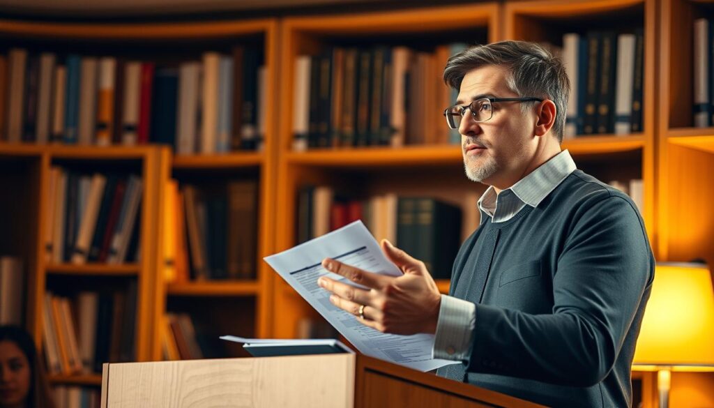 A professional accountant stands at a podium, presenting financial statements to a rapt audience. Warm, soft lighting illuminates the scene, casting a contemplative glow. The accountant's face is resolute, their hands gesturing with authority as they explain complex financial concepts. In the background, a bookshelf filled with reference materials hints at the depth of their expertise. The composition conveys the importance of practical experience in developing the skills and confidence to excel as a financial professional.