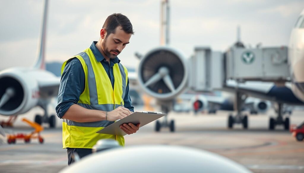 A professional airport ground handling worker performing technical tasks related to aircraft servicing. The scene is set in a busy airport tarmac, with a diverse array of aircraft in the background. The worker is wearing a high-visibility vest and carrying a clipboard, conveying a sense of expertise and attention to safety protocols. Soft, directional lighting illuminates the worker's focused expression as they carefully inspect ground handling equipment. The composition emphasizes the worker's role in the intricate choreography of airport operations, with a sense of precision and diligence. The overall atmosphere is one of efficiency, professionalism, and the importance of specialized ground handling qualifications.