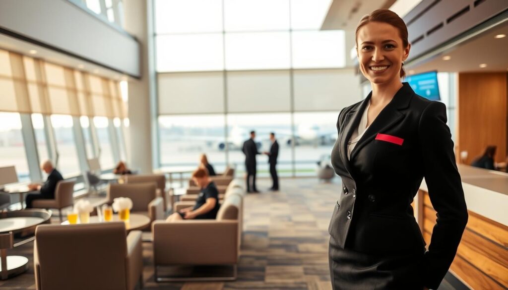 A professional airport lounge with a warm, inviting atmosphere. In the foreground, a well-dressed flight attendant stands, their posture exuding confidence and attentiveness. Behind them, a sleek check-in counter with elegant wood and metal accents. The middle ground features comfortable seating areas, where passengers relax with beverages and snacks. In the background, large windows offer a panoramic view of the bustling airport tarmac, bathed in soft, diffused lighting. The scene conveys the skills required of a flight attendant: exceptional customer service, attention to detail, adaptability, and a professional demeanor.