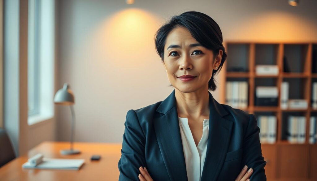 A professional and well-dressed 40-year-old Japanese woman stands confidently in a modern office setting, her expression thoughtful yet determined. Warm lighting illuminates her face, highlighting her poised demeanor. In the background, a minimalist desk and bookshelves convey a sense of focus and productivity. The woman's body language suggests she is in the midst of strategizing her next career move, embodying the resilience and ambition of a seasoned professional navigating the challenges of midlife transition. The overall tone is one of empowerment and self-assurance, capturing the essence of the article's subject matter.
