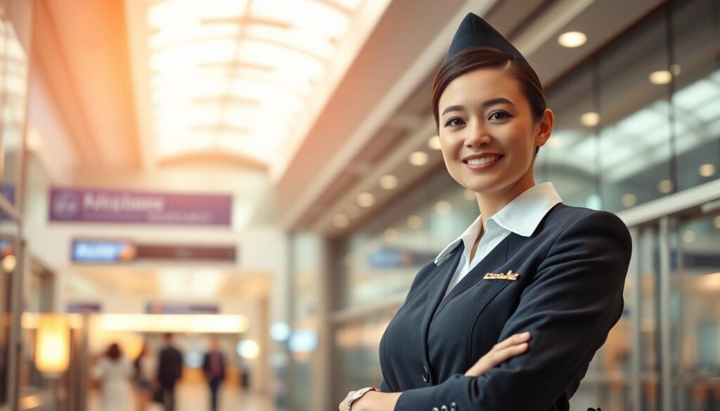 A professional and well-dressed flight attendant standing in the foreground, facing the camera with a friendly expression. Behind them, a modern airport terminal with glass walls and sleek architectural details. Warm, diffused lighting from above creates a soft, inviting atmosphere. The scene conveys a sense of efficiency, service, and the high-end travel experience associated with the job of a flight attendant. The overall image should visually communicate the comfort, poise, and respectable earning potential of this career.