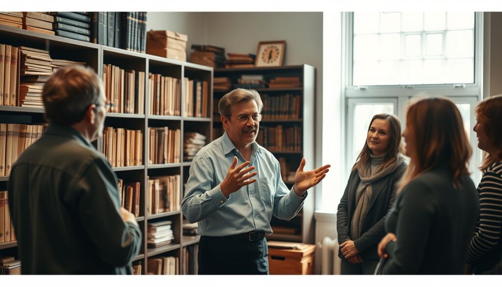 A professional archivist standing confidently in a well-lit office, surrounded by neatly organized shelves of historical documents and artifacts. They are engaging with a group of visitors, passionately explaining the importance of preserving and promoting the institution's valuable collection. The scene has a warm, inviting atmosphere, with soft lighting filtering through large windows, casting a gentle glow on the archivist's face as they gesticulate to emphasize their points. The visitors listen intently, captivated by the archivist's expertise and enthusiasm for their work. The overall composition conveys the archivist's role in sharing their knowledge and advocating for the archives, showcasing their dedication to the profession.